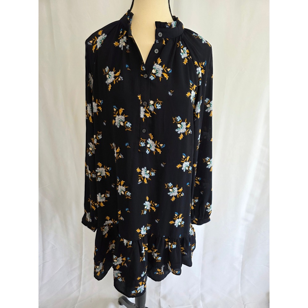 LOFT Black Floral‎ Print Ruffle Hem Long Sleeve Mock Neck Mini Dress XS